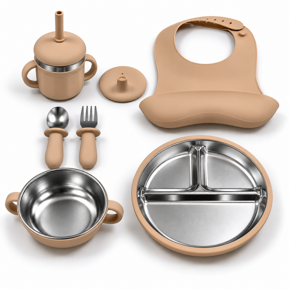 Set of 7 Baby Feeding & Weaning Set with Stainless Steel Plate, Bowl, Bib, Cup & Cutlery-Brown