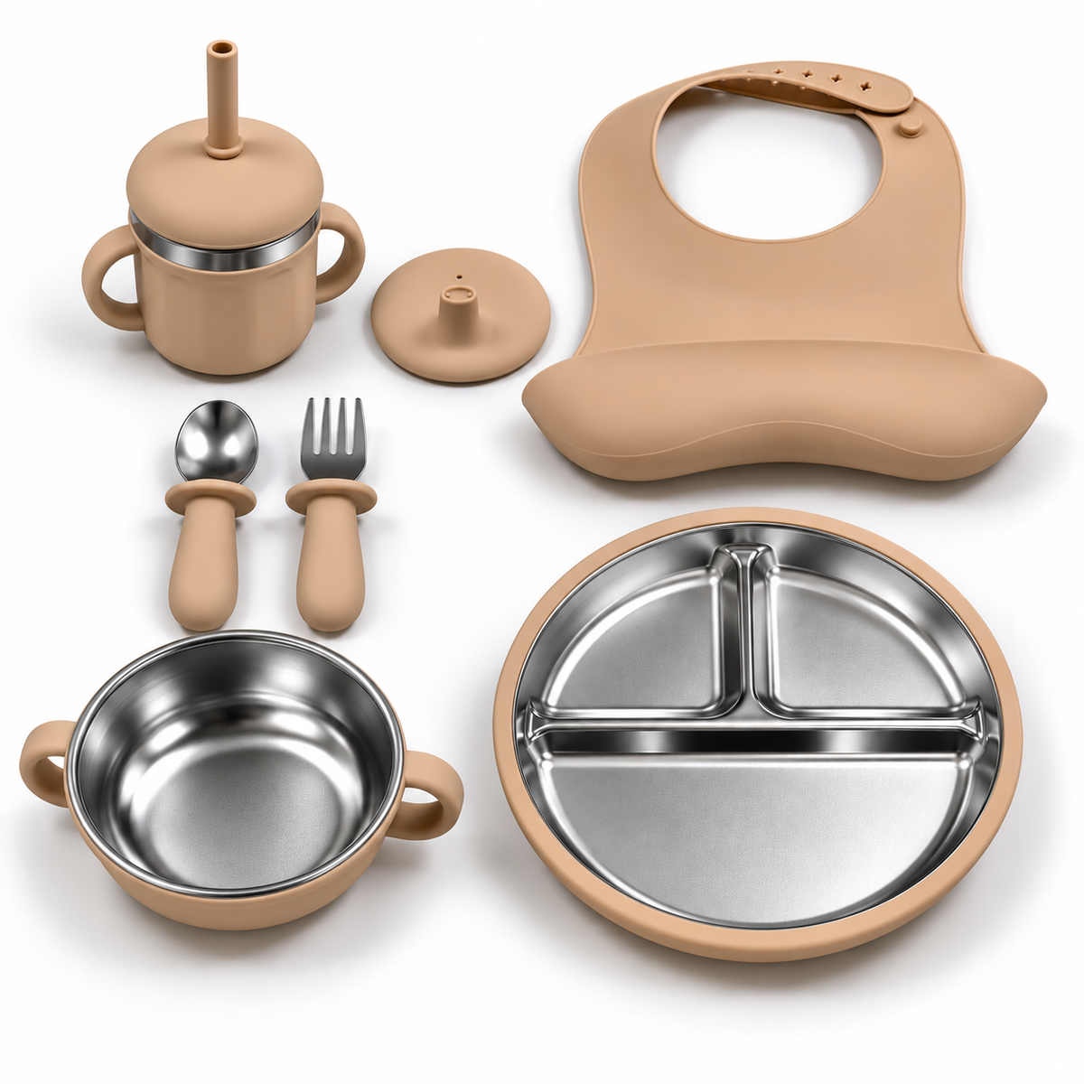 Baby Feeding & Weaning Set with Stainless Steel Plate, Bowl, Bib, Cup & Cutlery