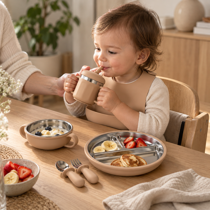 Baby Feeding & Weaning Set with Stainless Steel Plate, Bowl, Bib, Cup & Cutlery