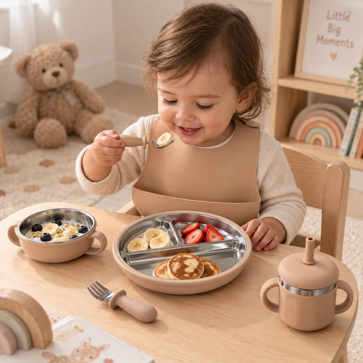 Baby Feeding & Weaning Set with Stainless Steel Plate, Bowl, Bib, Cup & Cutlery