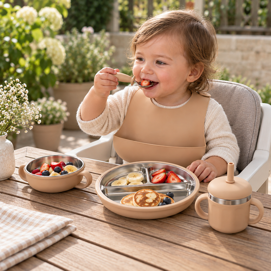 Baby Feeding & Weaning Set with Stainless Steel Plate, Bowl, Bib, Cup & Cutlery