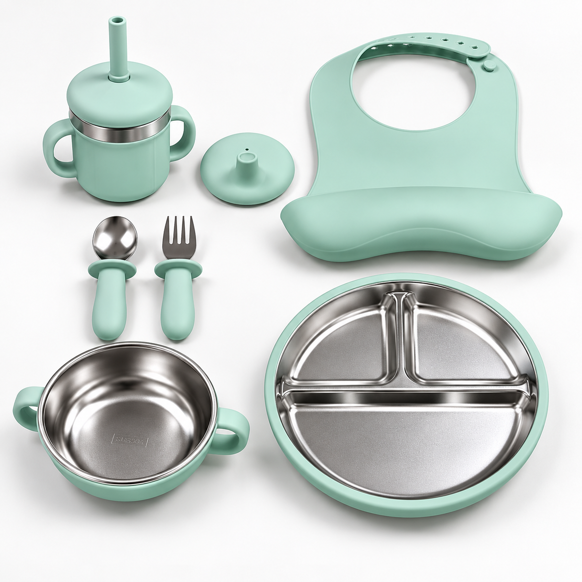 Baby Feeding & Weaning Set with Stainless Steel Plate, Bowl, Bib, Cup & Cutlery