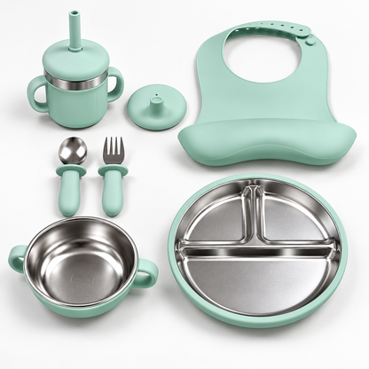 Baby Feeding & Weaning Set with Stainless Steel Plate, Bowl, Bib, Cup & Cutlery
