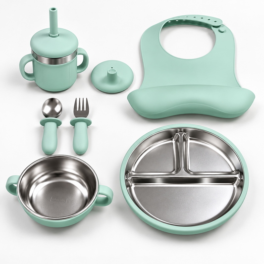 Set of 7 Baby Feeding & Weaning Set with Stainless Steel Plate, Bowl, Bib, Cup & Cutlery-Mint