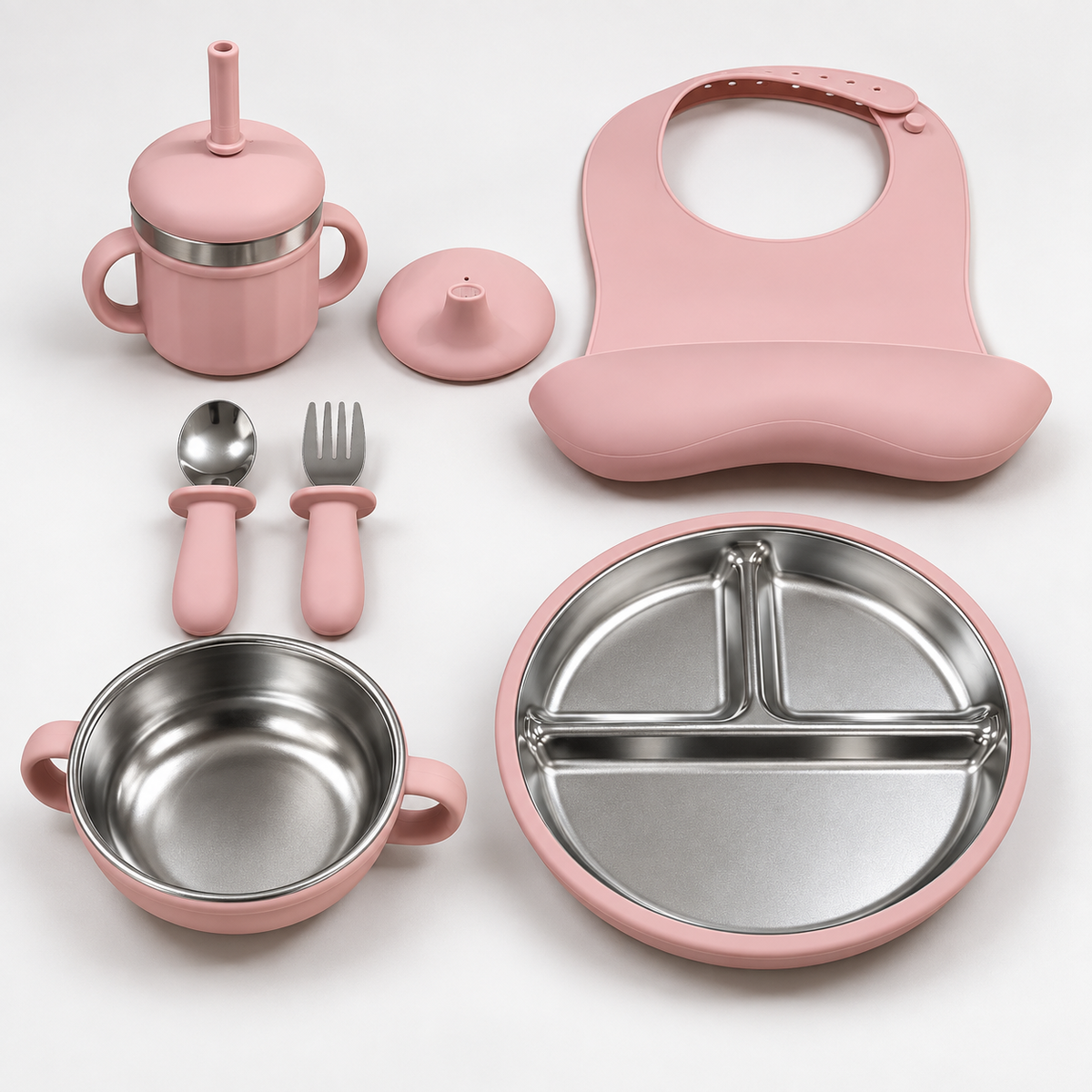 Baby Feeding & Weaning Set with Stainless Steel Plate, Bowl, Bib, Cup & Cutlery