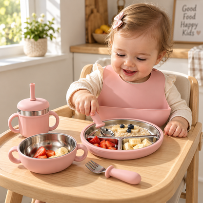 Baby Feeding & Weaning Set with Stainless Steel Plate, Bowl, Bib, Cup & Cutlery