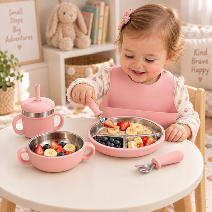 Baby Feeding & Weaning Set with Stainless Steel Plate, Bowl, Bib, Cup & Cutlery