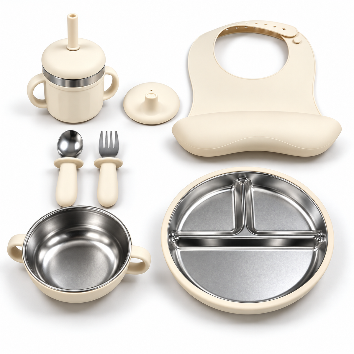 Baby Feeding & Weaning Set with Stainless Steel Plate, Bowl, Bib, Cup & Cutlery