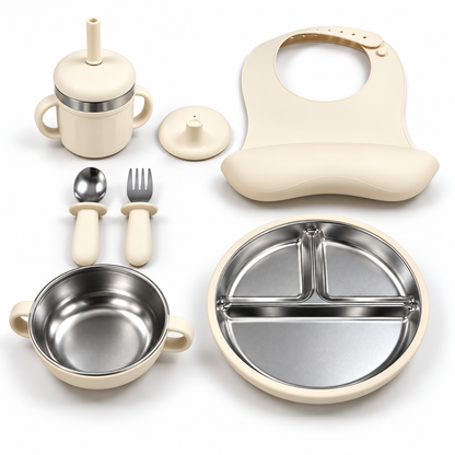 Baby Feeding & Weaning Set with Stainless Steel Plate, Bowl, Bib, Cup & Cutlery