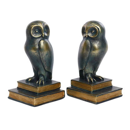 Green Bird Owl Rustic Bookend Set Retro Home Office Adult Kids
