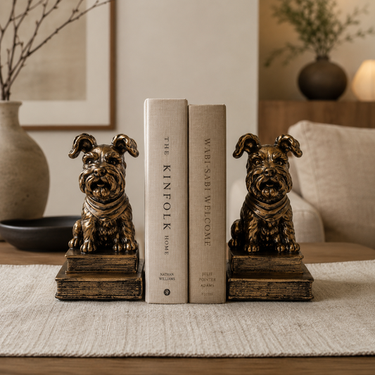 Bronze dog bookends on books with a home decor background