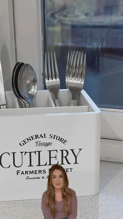 White Farmhouse Cutlery Caddy with Vintage Print