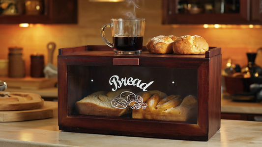 Wooden bread box with bread slices and a glass of coffee on a kitchen counter.