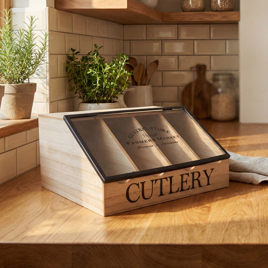 Wooden cutlery box with glass lid on a kitchen counter