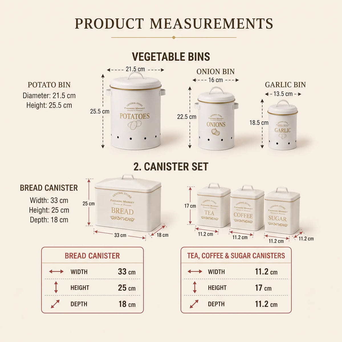Product measurements chart for a set of white ceramic canisters, including vegetable bins (potato, onion, garlic) and a bread canister set, with dimensions labeled on a beige background.