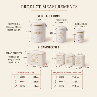 Product measurements chart for a set of white ceramic canisters, including vegetable bins (potato, onion, garlic) and a bread canister set, with dimensions labeled on a beige background.