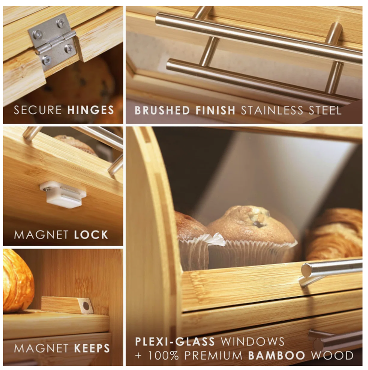 Collage of features of a bamboo kitchen cabinet with text labels.