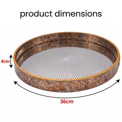 Round metal tray with a textured bronze-brown rim and a silver mesh-like interior, shown with dimension labels reading 36cm across the bottom and 4cm height on the left under the heading 'product dimensions'.