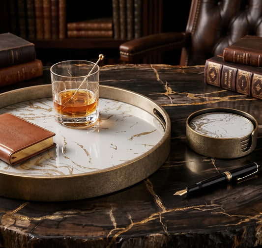 A round marble serving tray with a gold-toned rim sits on a dark marble desk, holding a glass of amber liquor with a gold stirrer, a brown leather book, and a small gold tin. A black and gold pen rests beside the tray, with stacked books and a leather chair in the background.