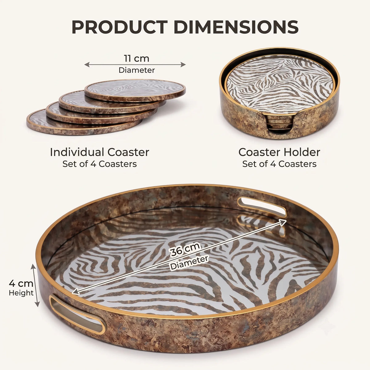 Round Zebra Print Tray and Drink Coasters Set