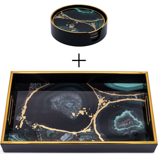 Rectangle Agate Theme Tray and Drink Coasters Set