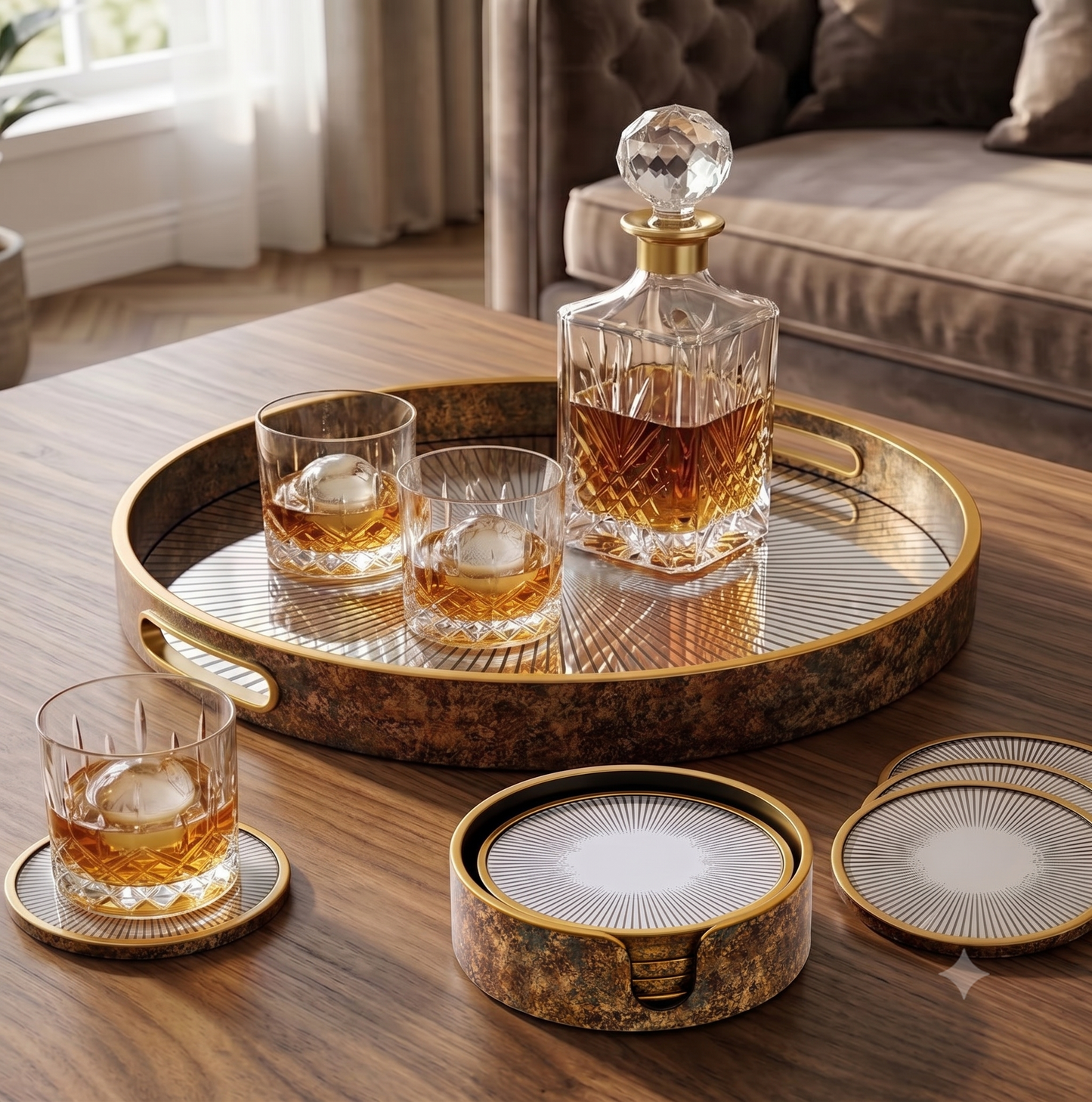 Sunburst Mirrored Serving Tray and 4-Piece Drink Coaster Set with Holder