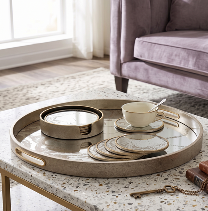Marble Effect Round Serving Tray & Drink Coasters Set of 4 with Holder