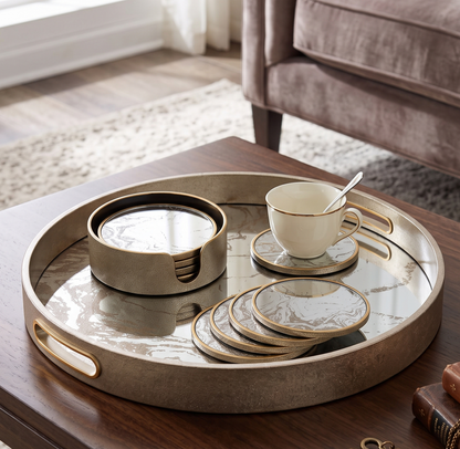 Marble Effect Round Serving Tray & Drink Coasters Set of 4 with Holder