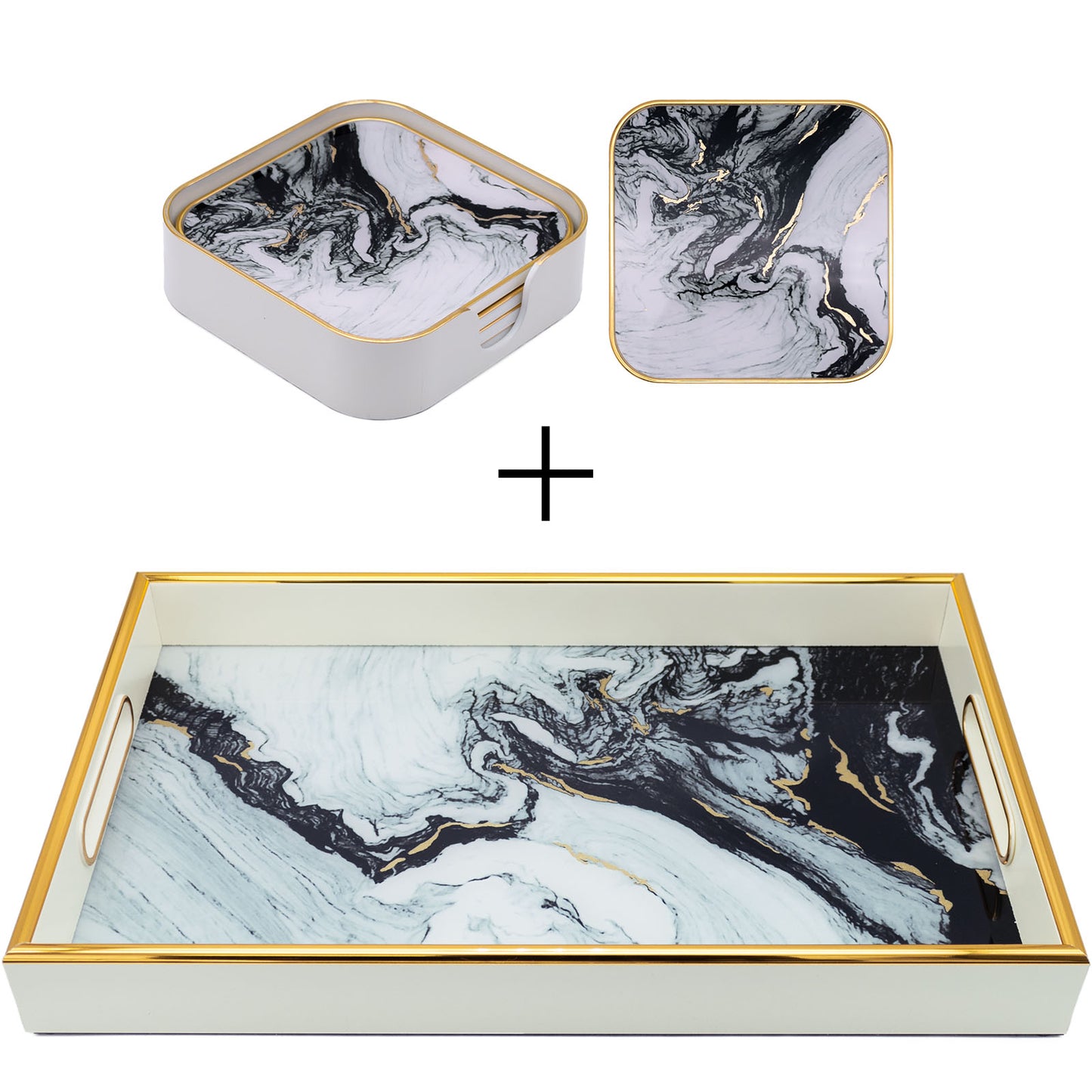 Rectangle White Tray and Drink Coasters Set