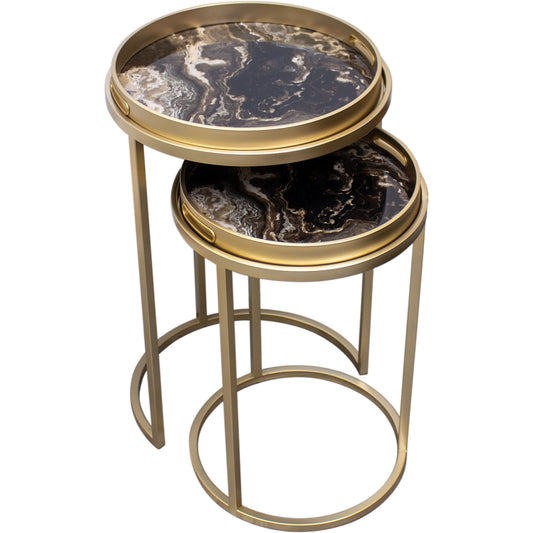 Set of two round marble-top side tables with gold metal frames on a white background