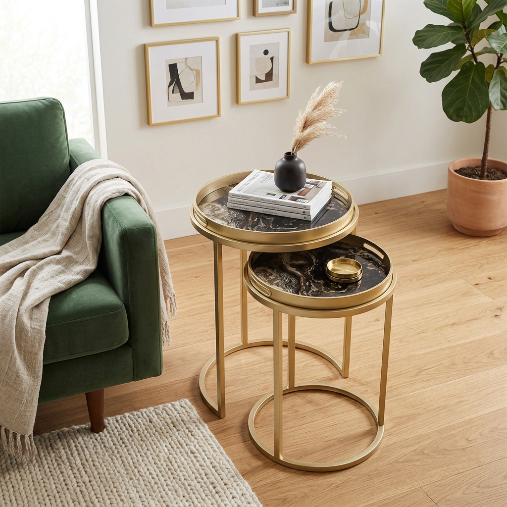 Living room with green armchair, gold side table, and decorative elements.