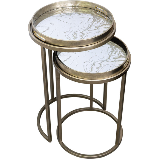 Set of two round side tables with marble-like tops and gold metal frames on a white background