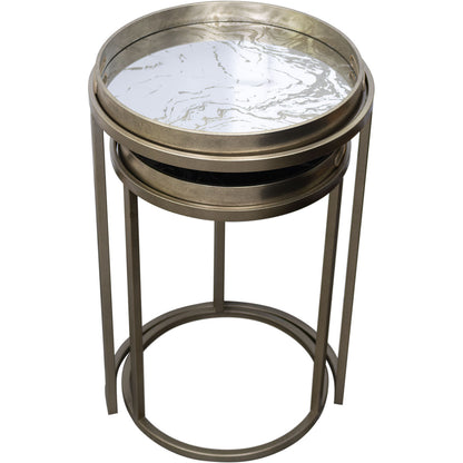 Antique Silver Nesting Table Set with Marble Effect Glass Tops