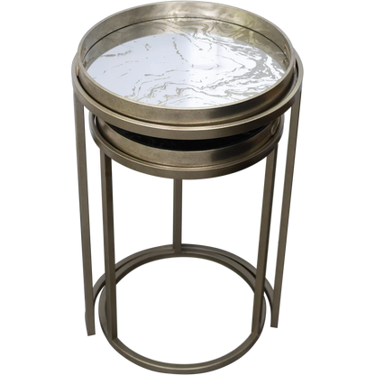 Antique Silver Nesting Table Set with Marble Effect Glass Tops