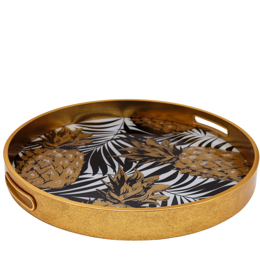 Round Decorative Gold Tropical Pineapple Serving Candle Drinks Tray