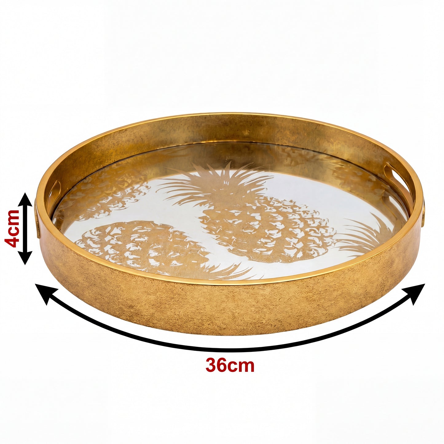 Gold decorative tray with pineapple design and measurements on a white background