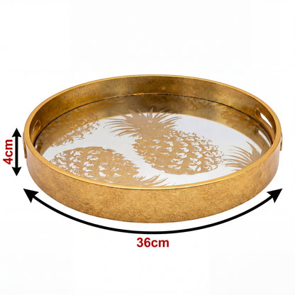 Gold decorative tray with pineapple design and measurements on a white background
