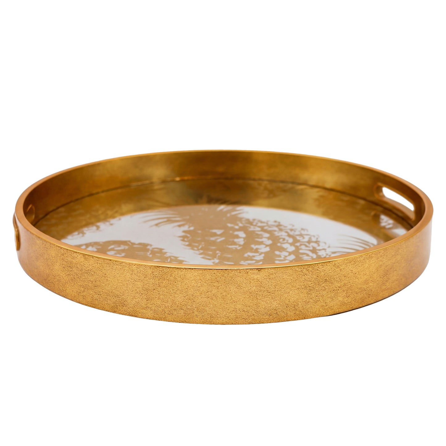 Gold round tray with decorative pattern on a white background