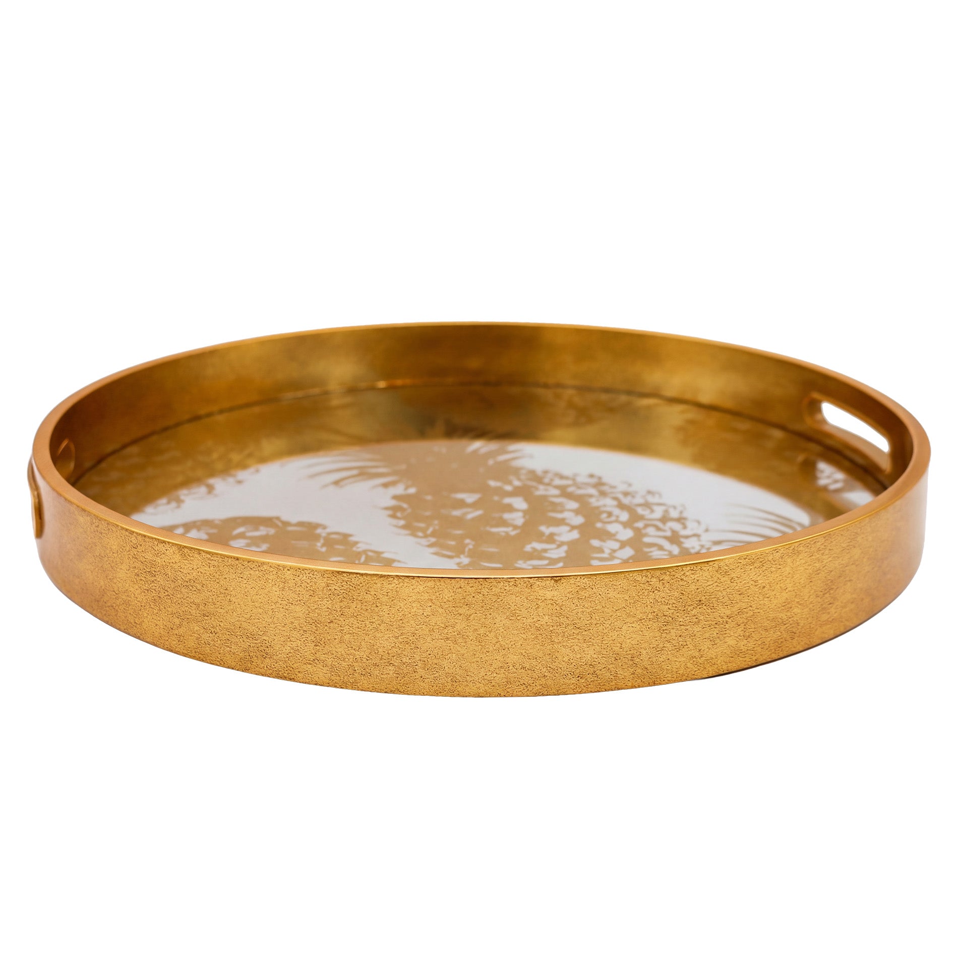 Gold round tray with decorative pattern on a white background
