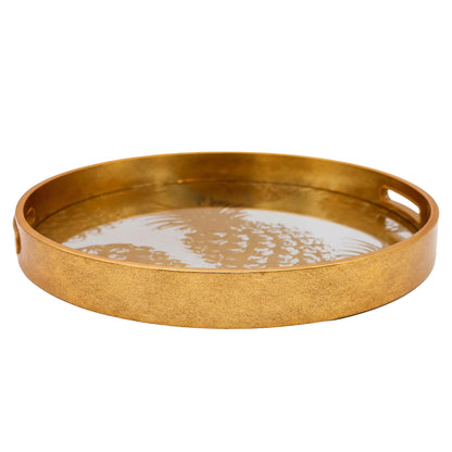 Gold round tray with decorative pattern on a white background
