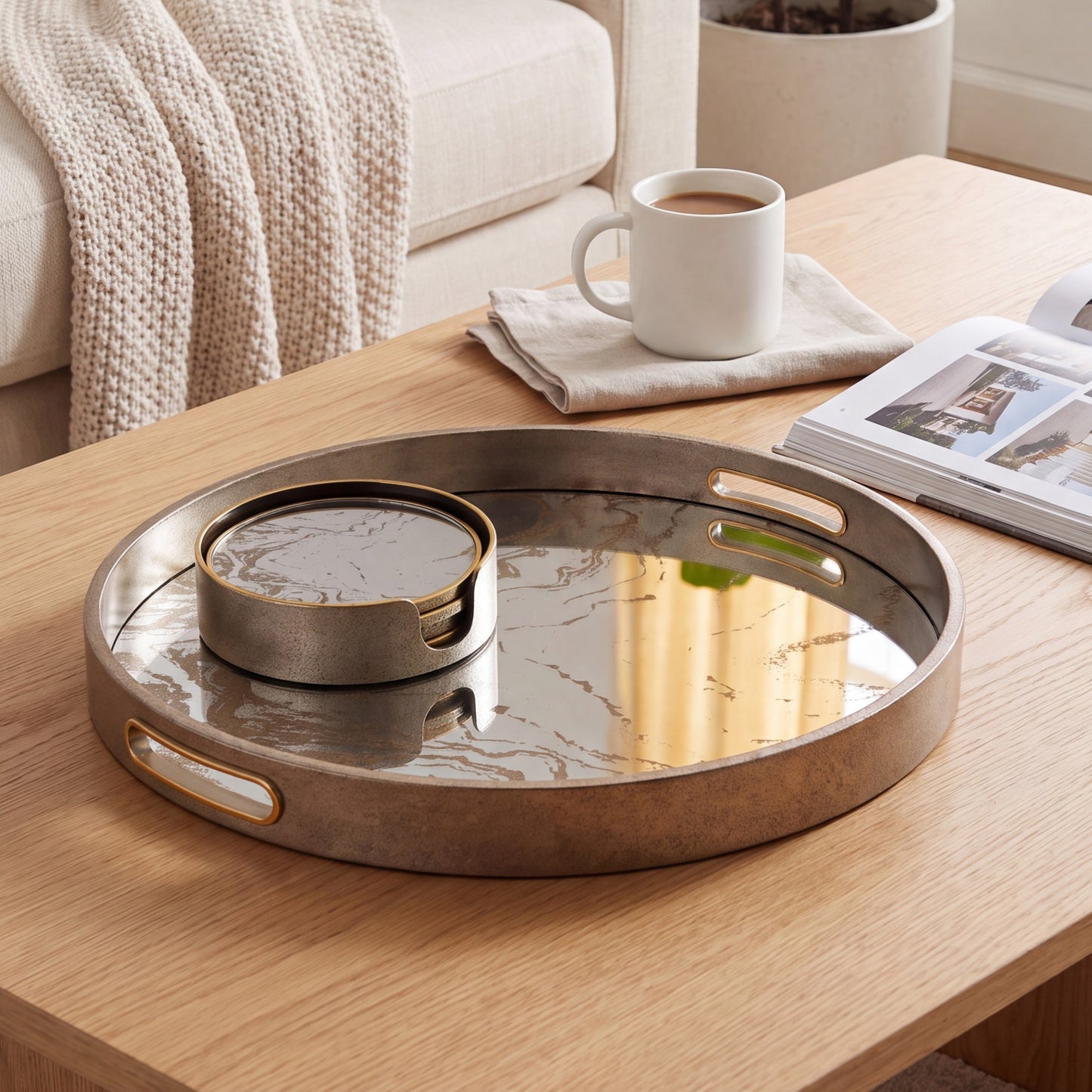 Marble Effect Round Serving Tray & Drink Coasters Set of 4 with Holder
