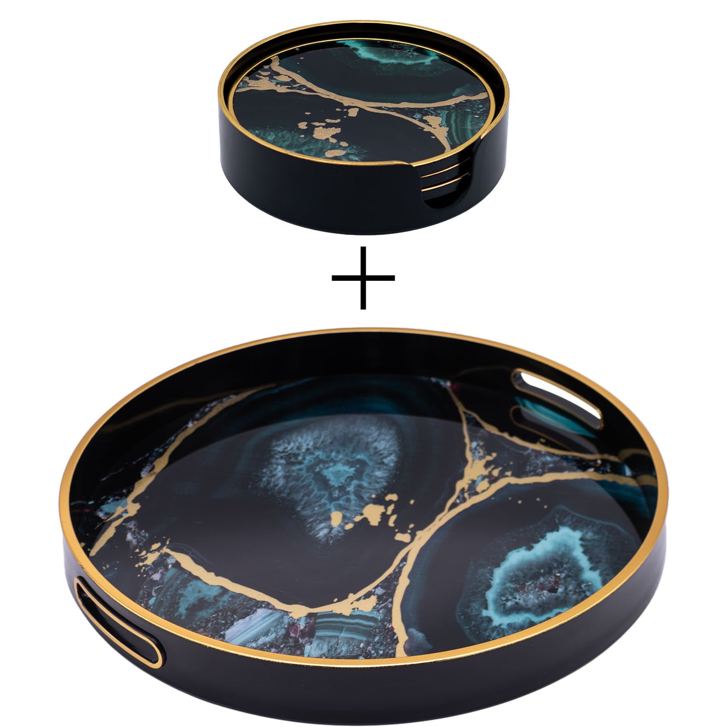 Round Agate Theme Tray and Drink Coasters Set