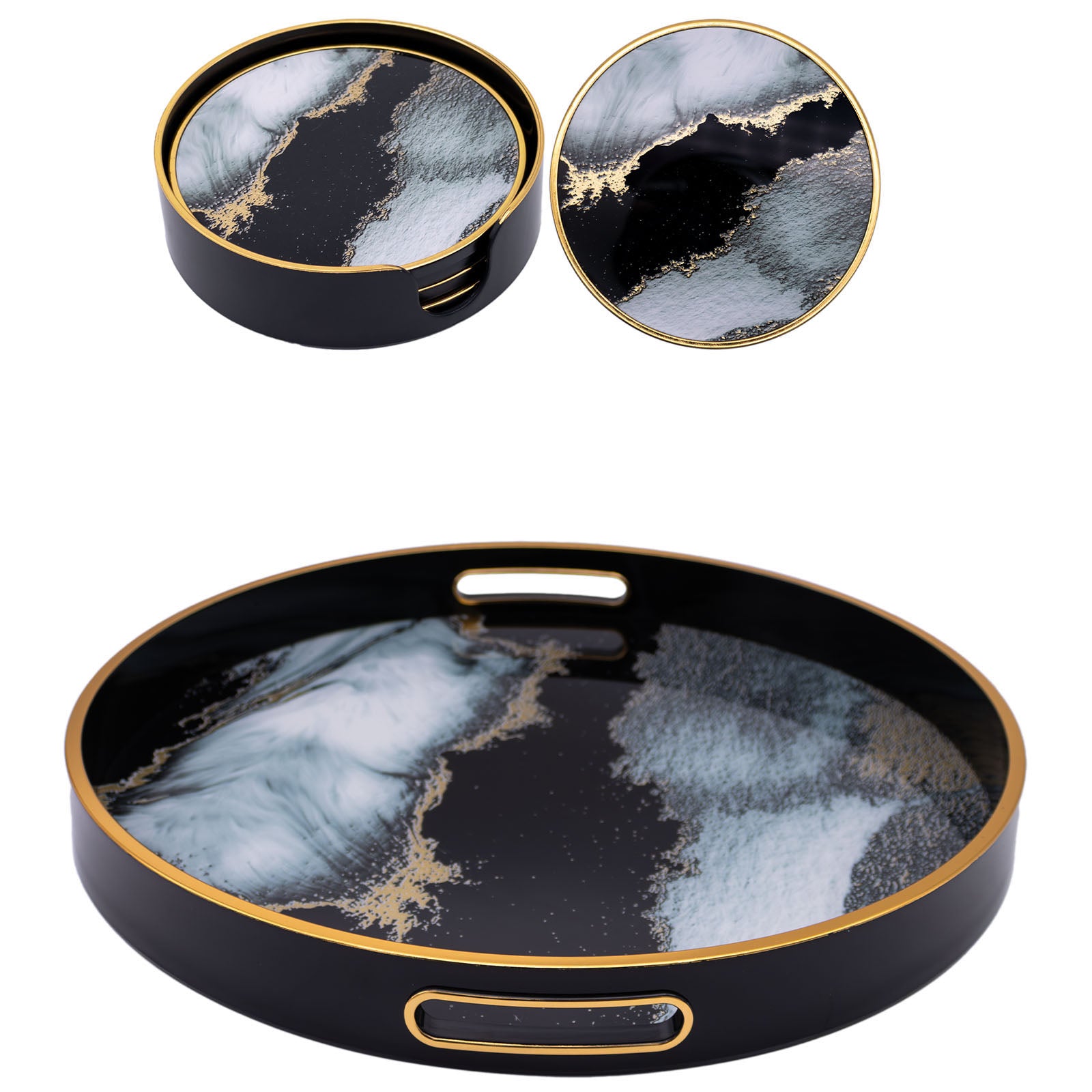 Round Black Abstract Tray & Coaster Set