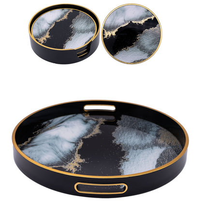 Round Black Abstract Tray & Coaster Set