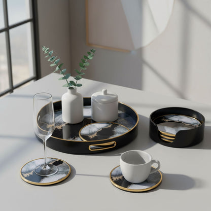Round Black Abstract Drinks & Candle Tray