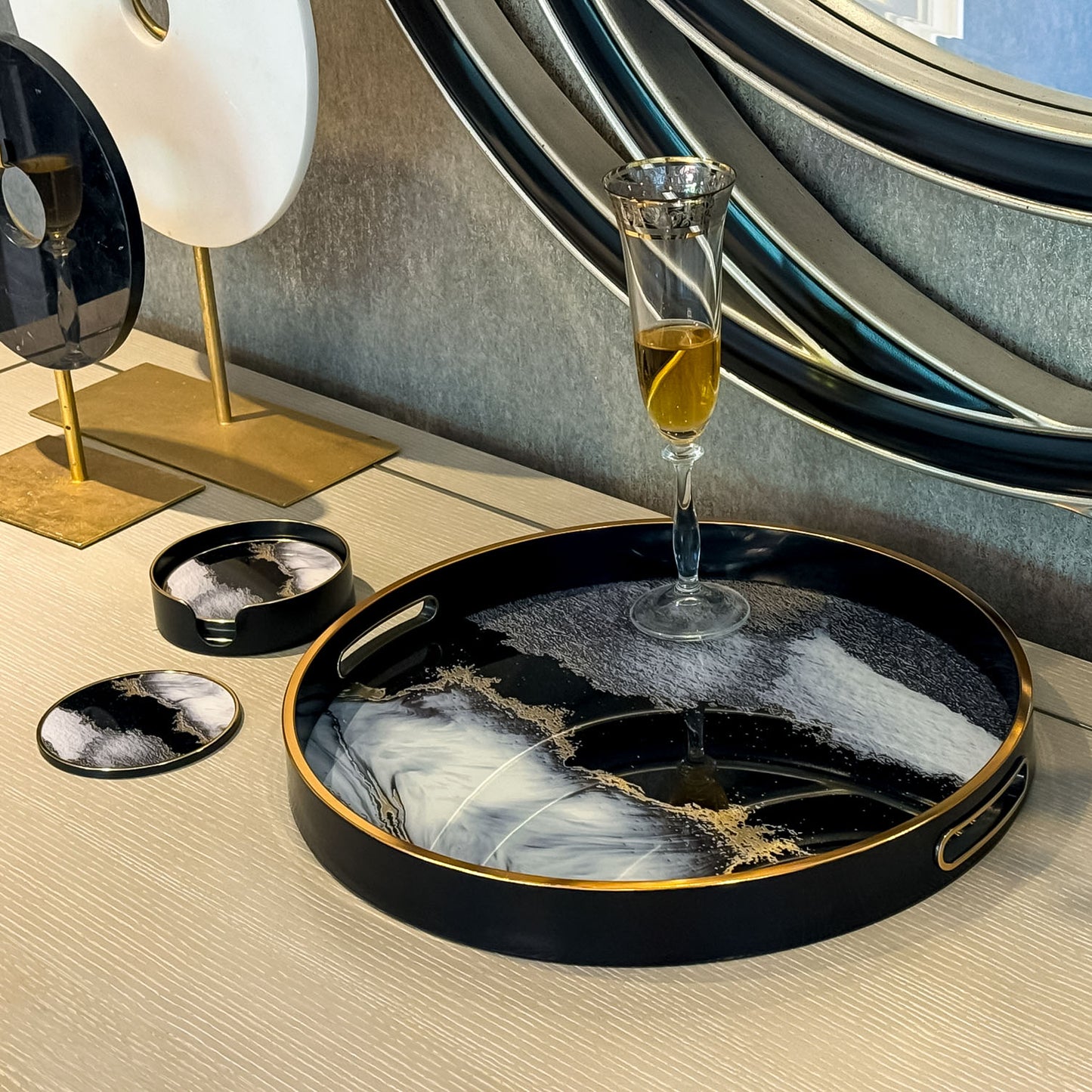 Round Black Abstract Tray and Drink Coasters Set