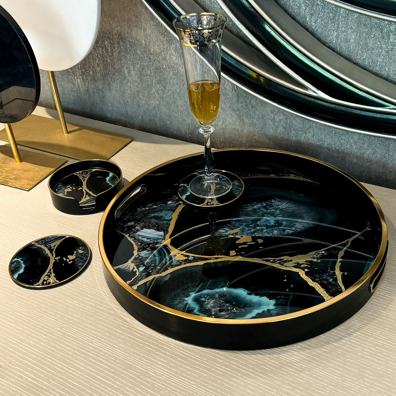 Round Agate Theme Tray and Drink Coasters Set