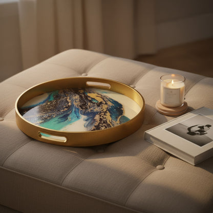 Round Gold Agate Theme Coffee Table Tray