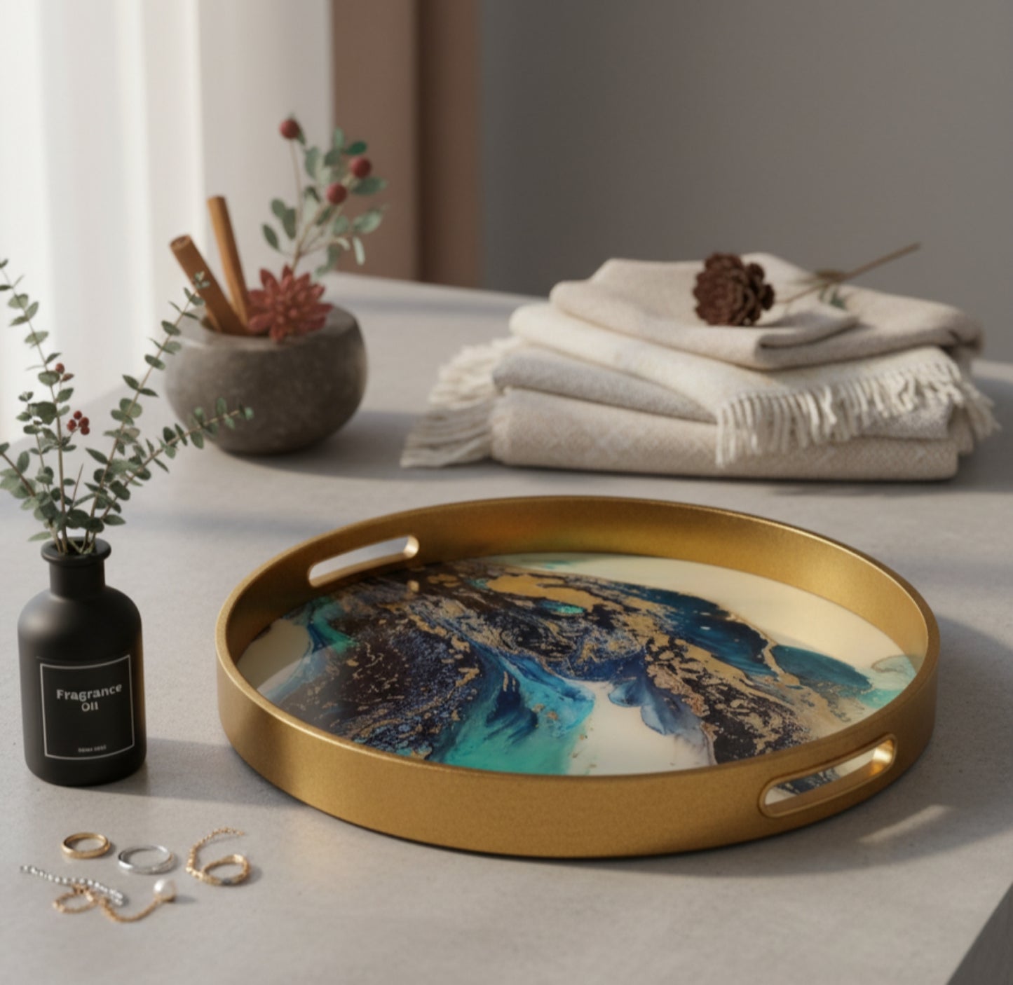 Round Gold Agate Theme Coffee Table Tray