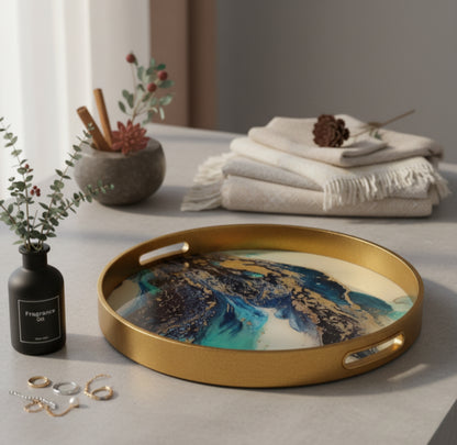 Round Gold Agate Theme Coffee Table Tray
